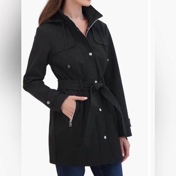 Women's Belted Zip Front Soft Shell Trench Coat With Detachable Hood - Picture 4 of 7